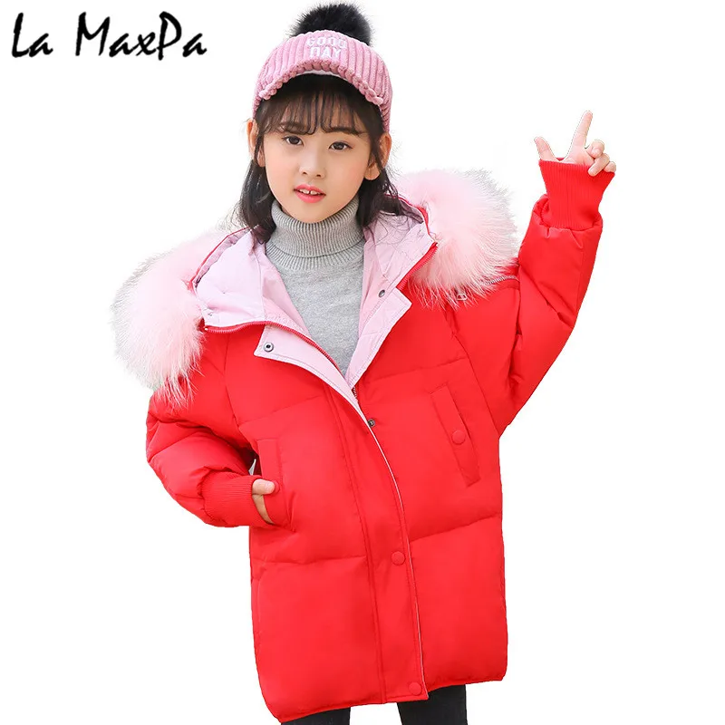

2018 Russian Winter Girls Long Sections Thickened Warm Duck Down Jacket Girl Big Fur Collar Coat Suit For -30 Degrees 5Y-12Y