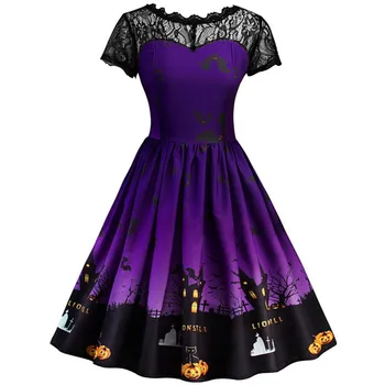 

Lace Panel Halloween Pumpkin Castle Print Vintage Dress Women Rockabilly Haunted Party Dresses costumes