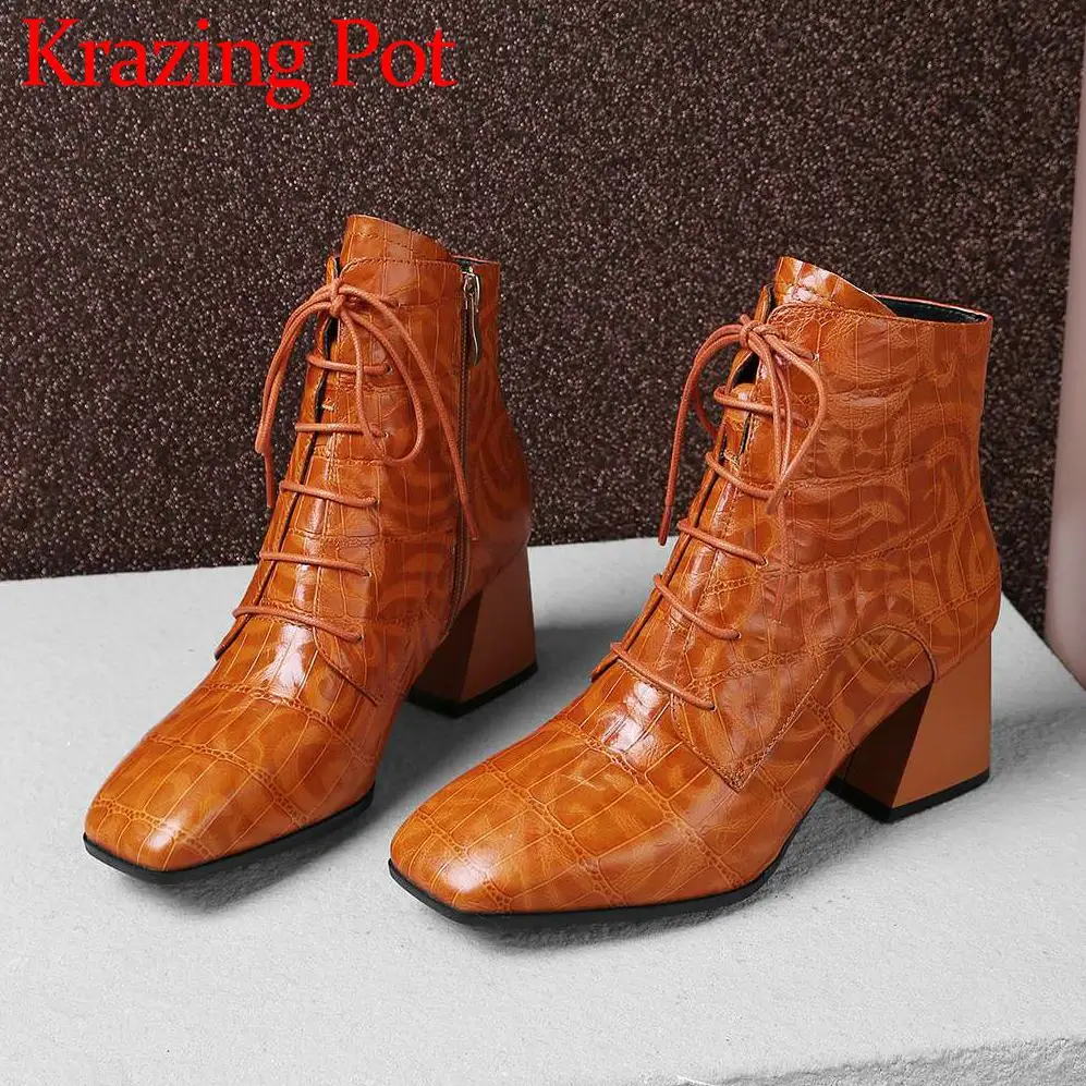 

2018 hot sale retro design square toe british style plus size genuine leather zipper thick high heels luxury ankle boots L06