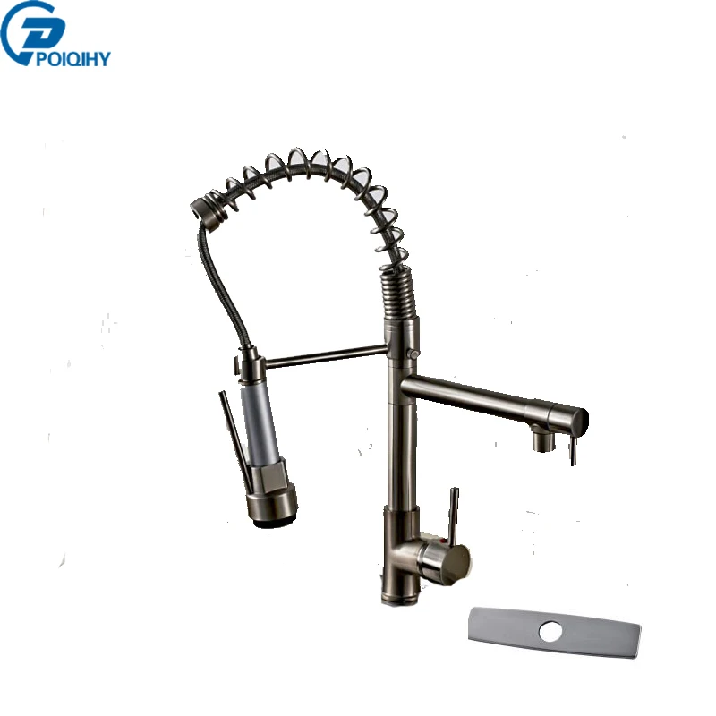 

POIQIHY Deck Mounted Pull Down Rotational Spray Kitchen Faucets Brushed Nickel Two Spouts Hot Cold Mixer Taps