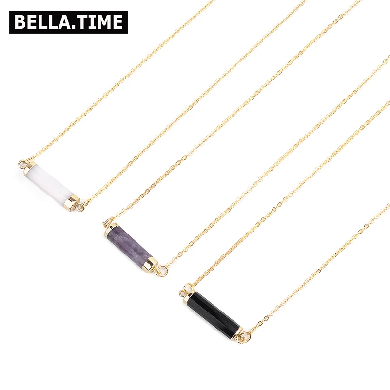 

Trendy Round Column Natural Stone Pendant Necklaces For Women Adjustable Gold color Short Copper Chain Chokers Necklaces NKS224