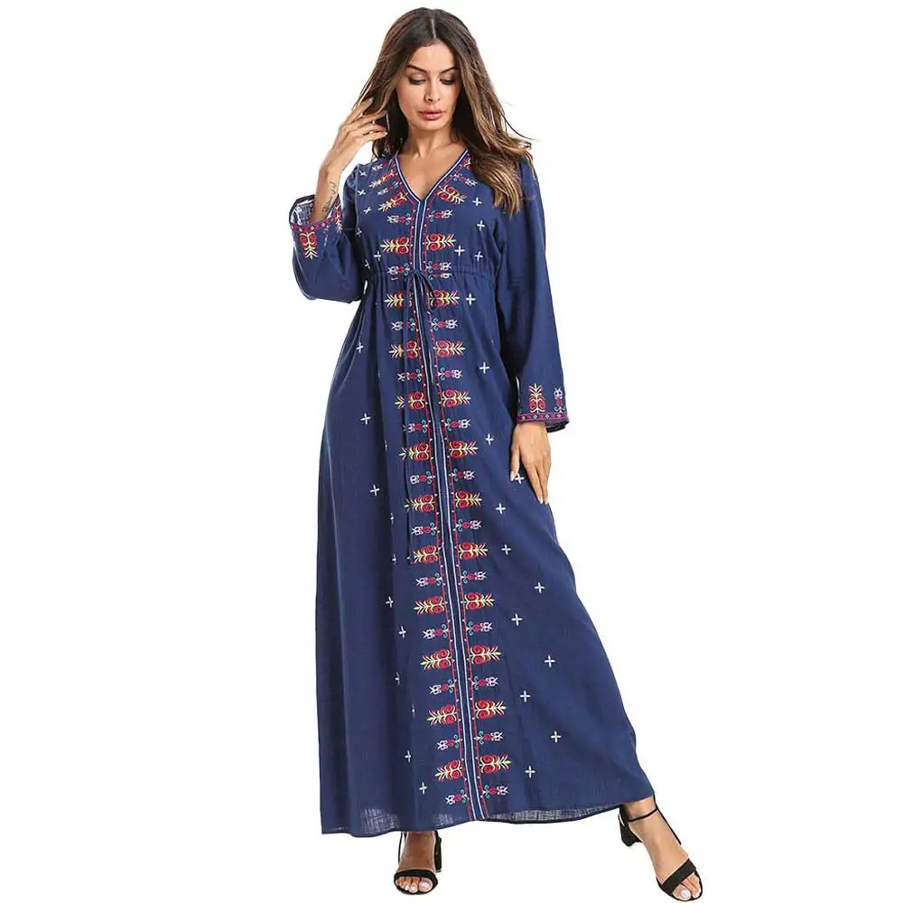 

2019 Brand Floral Embroidery Retro Ethnic Maxi Dress Lace Up Waist Plus Size Long Sleeve Women UAE Ramadan Muslim Abaya VKDR1569