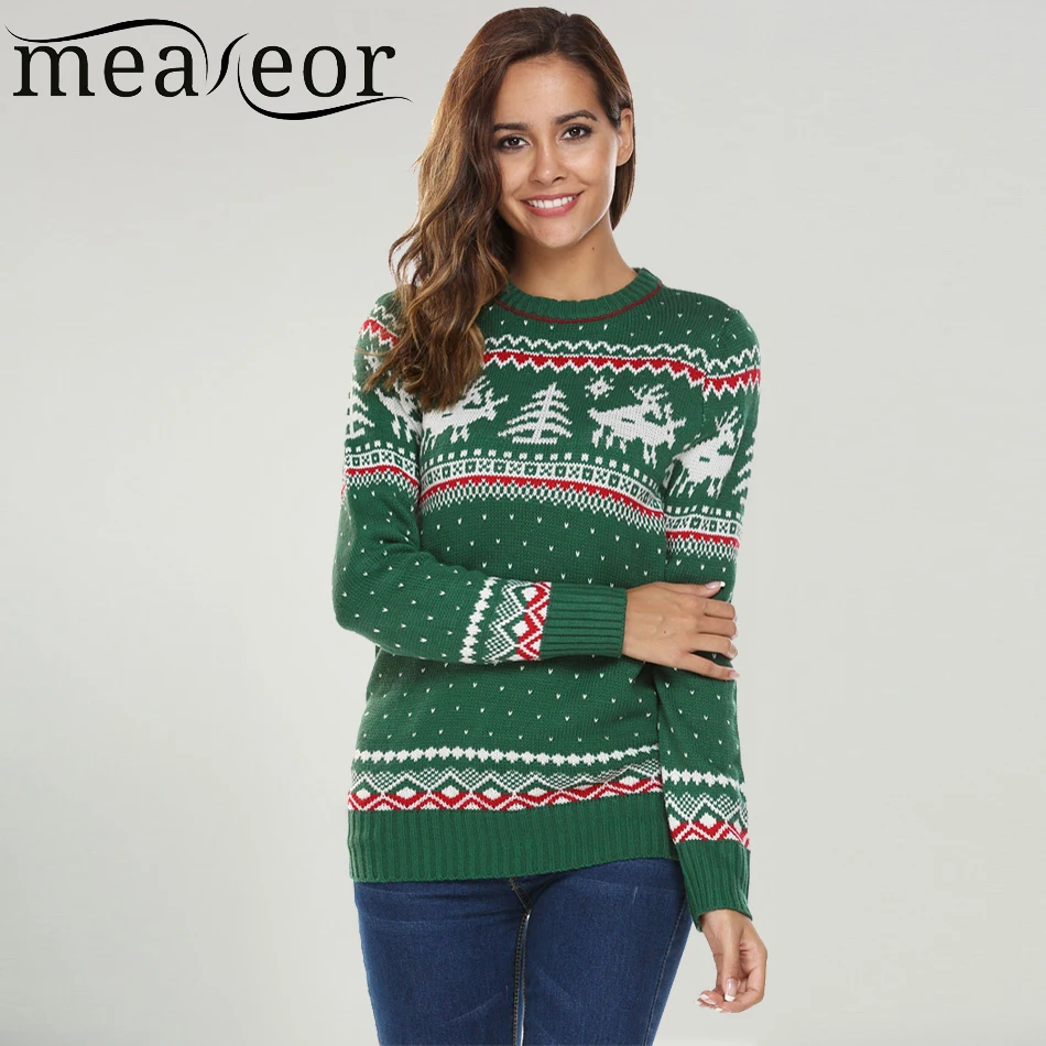Beste Meaneor Vrouwen Kerst Jesus Print Truien Casual Lange Mouw Herfst O Hals Deer Print Slanke Trui Winter Tops