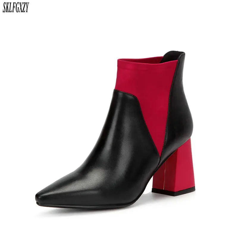 

SKLFCXZY New style 100% natural leather women shoes 7.5cm high heel ankle girl's boots retro leather women shoes
