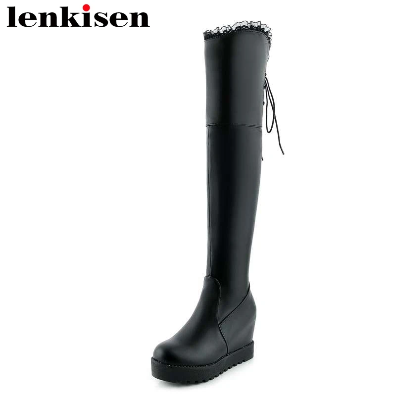 

Lenkisen thigh high boots pu high wedges heels round toe large size high street fashion bowtie women over-the-knee boots L37