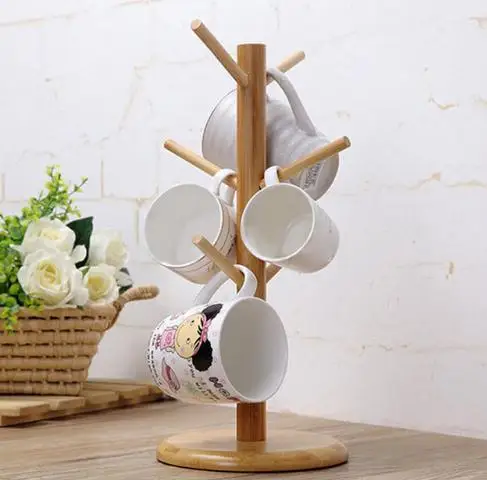 

Wood Cup Rack Six Brackets Mug Coffee Cup Storage Stand Office Kitchen Home Organization Hanger Stand Drinkware Tools