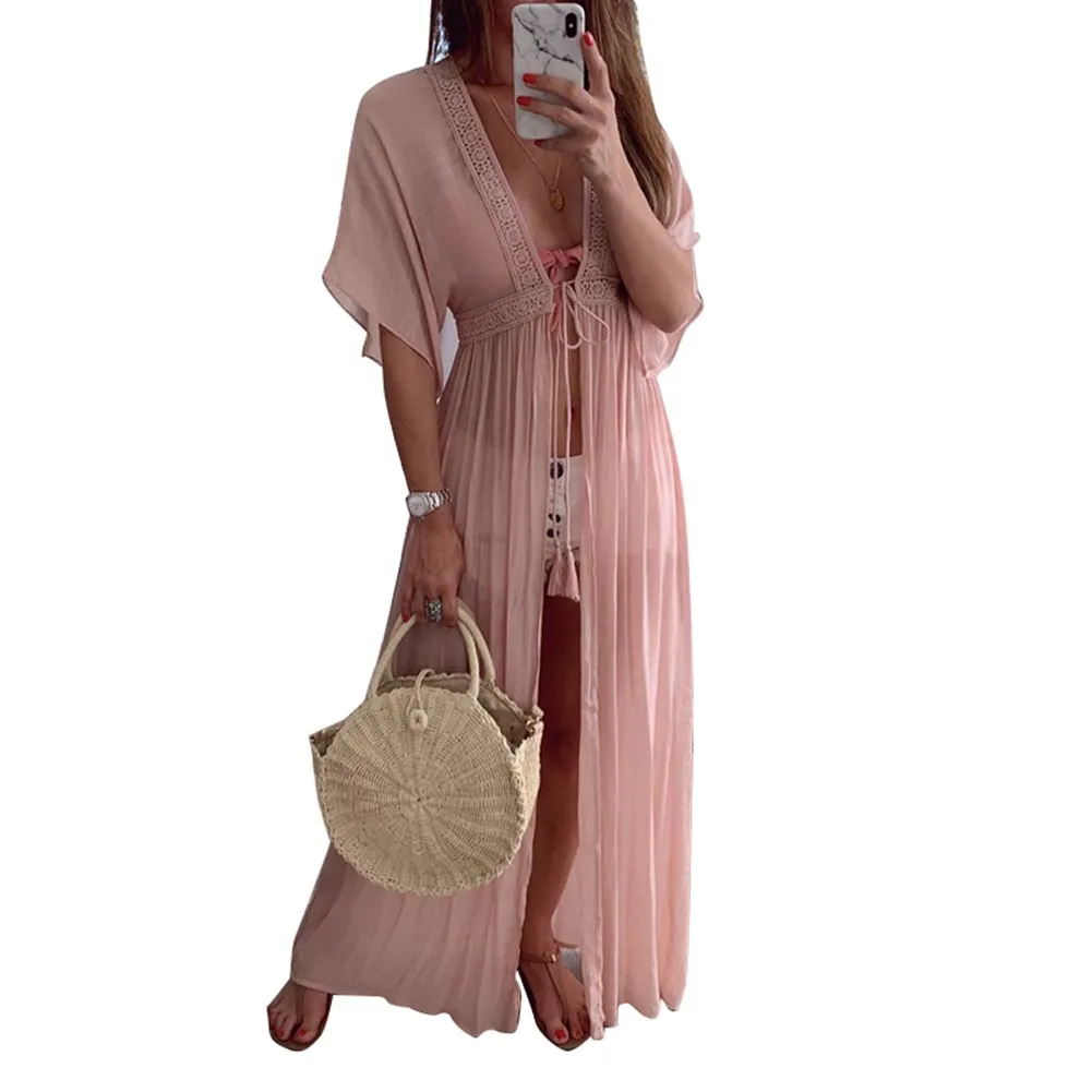 Boho женский кружевной кардиган кимоно с длинным рукавом праздничное пляжное