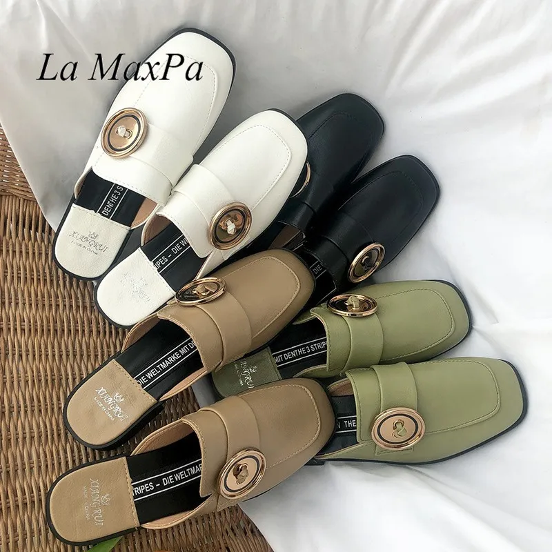

Spring Summer Street Metal Buckle Decoration Female Shoes Casual Closed Toe Outdoor Slippers Slip On Loafers Women Flat Mules