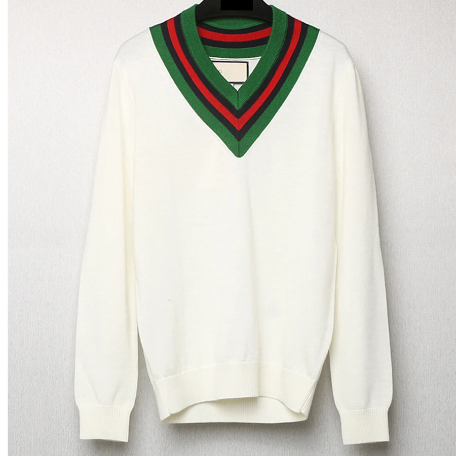 

High-end Customized Early Autumn 2019 New Tri-color Rolled V-neck Striped Woolen Sweater Knitted Sweater 100% Wool Fabric