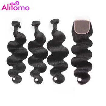 

Alitomo Body Wave Hair Bundles With Closure Malaysian 4Pcs Human Hair Bundles With Closure Bundles Remy Human Hair With C