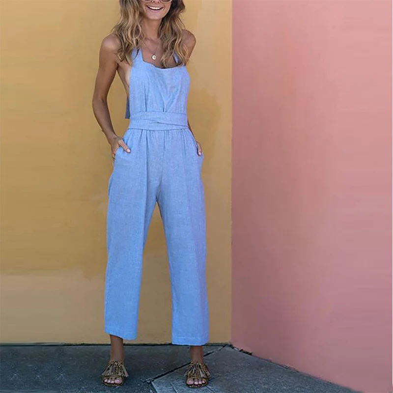 

Summer Casual rompers womens jumpsuit Sleeveless Bandage overalls Solid Slim Long Pants Jumpsuit Backless salopette femme