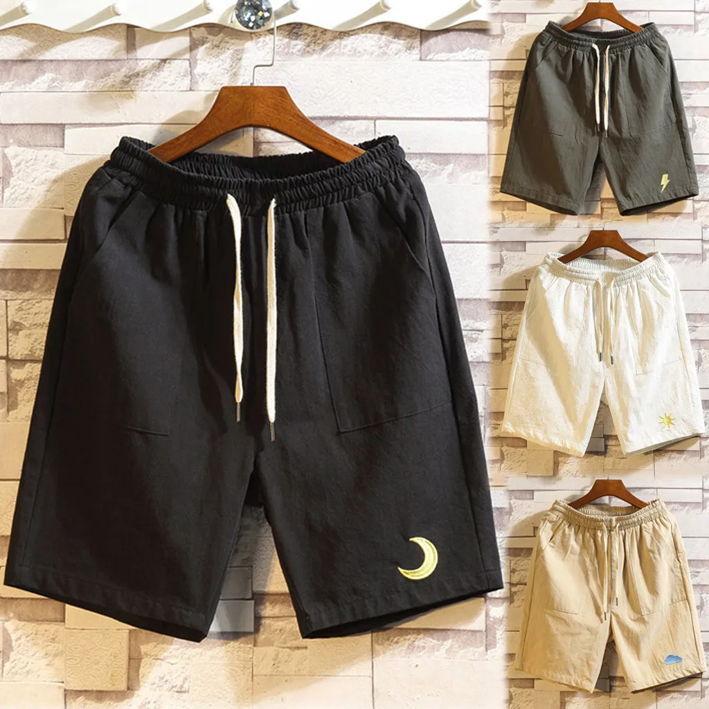 Летние мужские свободные льняные шорты с вышивкой в китайском стиле, короткие брюки до колена, мужские пляжные шорты размера плюс M-5XL, L0619