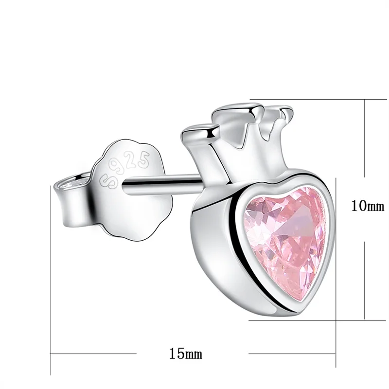 AZIZ BEKKAOUI Аутентичные стерлингового серебра 925 пробы сладкое розовое сердце серьги-гвоздики в форме короны серьги для женщин стильные серьги для девушек ювелирные изделия