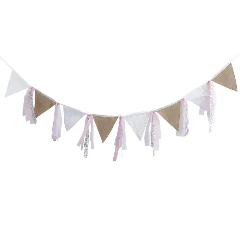

3.4 Meters Burlap Fabric Banner Bunting Pennant Flags with Lace Strap for Wedding Party Decoration