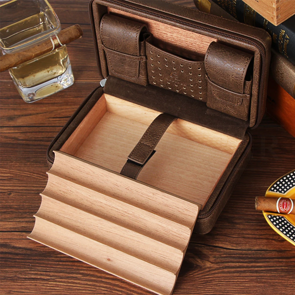  GALINER Portable Humidor Cigar Travel Case Leather Cedar Wood 4 Tube Holder Cigar Humidor Charuto B