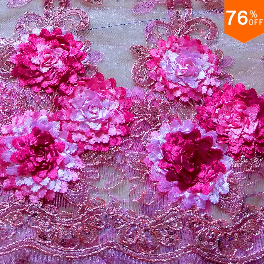 

5 yards Rose Pink color together embroidery flowers several layers on the voile sheet for curtain or dress Luxury Design Fabric