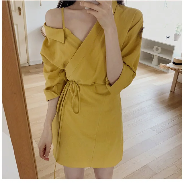 

Three Quarter Cotton Linen Yellow One Shoulder Dress Mini Vestido Curto Sexy Casual Vestidos Verano 2019 Runway Womens Dresses