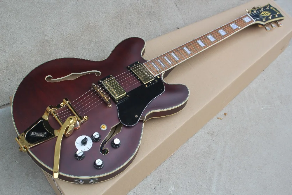 Wine red brown ES335 Model Jazz Hollow body bigsby rosewood Maple Neck