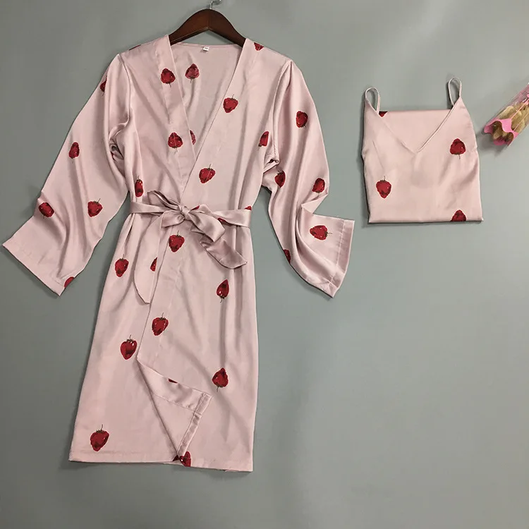 Милый розовый клубничный Костюм-двойка с принтом; комплект одежды Lougne; удобная мини-Женская домашняя одежда; шелковистая одежда для сна; имитация домашнего костюма