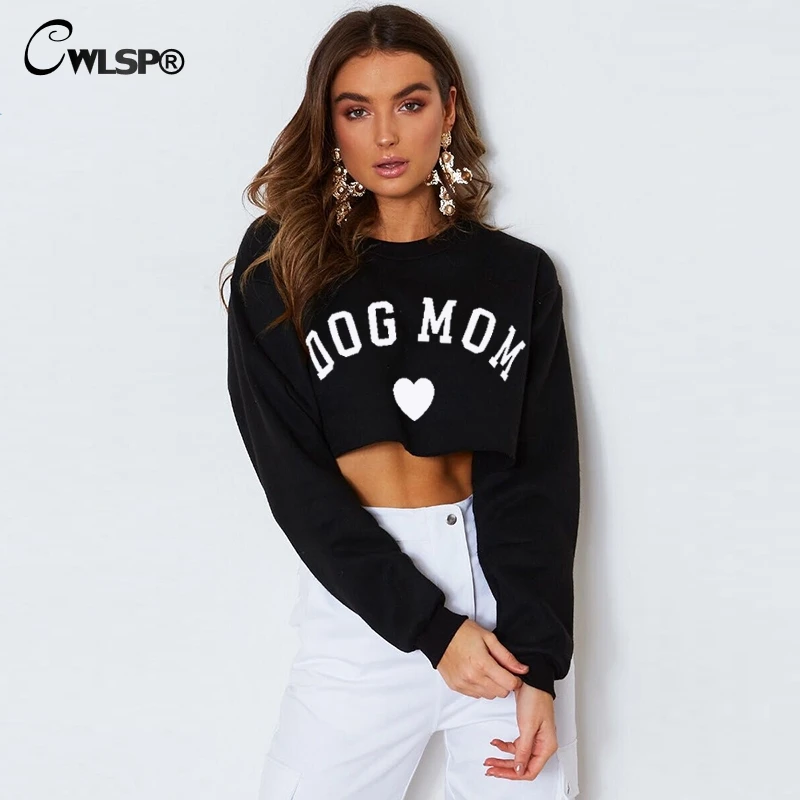 

CWLSP 2018 DOG CAT MOM Funny Letter Print Sweatshirt For Women Sexy Long Sleeve Crop Tops Warm Female Autumn Clothes QA2789