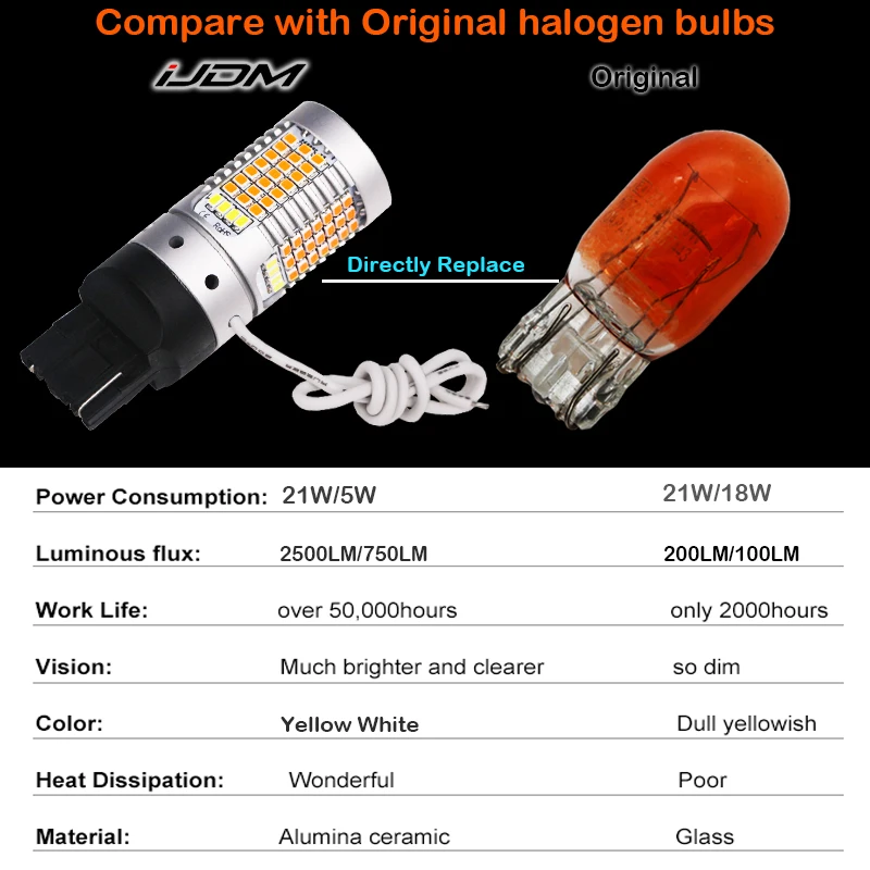 IJDM No Hyper Flash 21 Вт 7440 светодиодный CANbus OBC W21W T20 светодиодный Белый/янтарный светодиодный светильник для дневных ходовых/указателей поворота