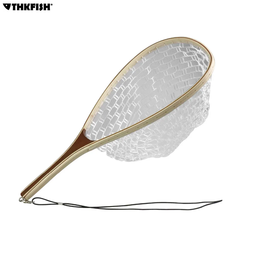 

Thkfish Fly Fishing Landing Net Wooden Handle Nylon Rubber Fish Catch and Release Net Fishing Network with Lanyard Rope
