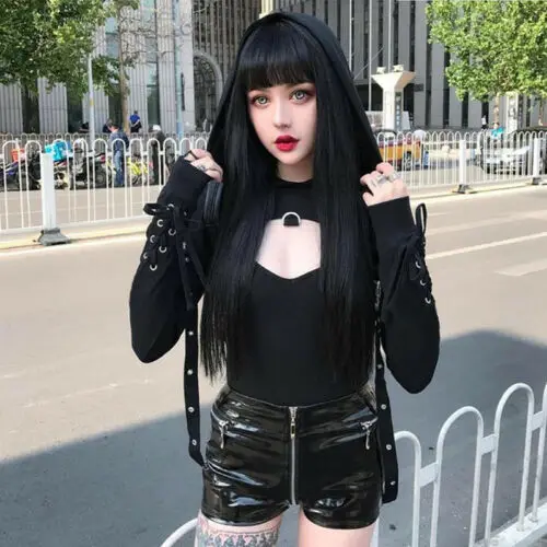  Women's Sexy Long Sleeve Lace Up Short Hoodie Black Crop Top Ladies Gothic Punk Casual Fashion Pill