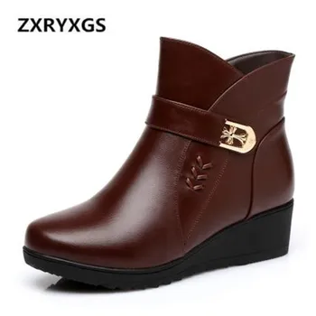 

2019 New Winter Boots Women Shoes Metal Decoration Cowhide Leather Boots Warm Wedges Shoes Ankle Boots Non-slip Women Boots