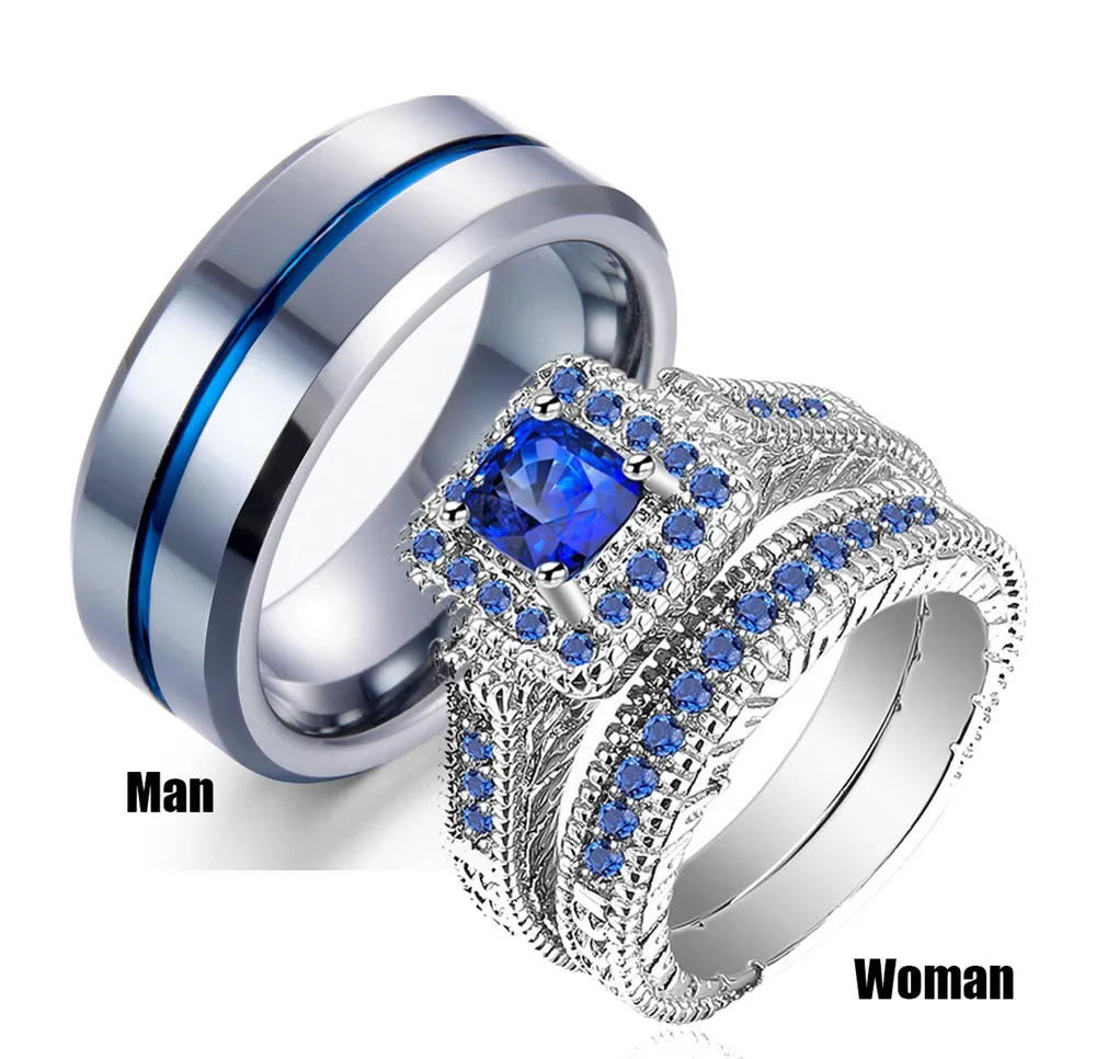 His & Hers Classic Men's Band Women's CZ Stainless Steel Wedding Engagement Ring 
