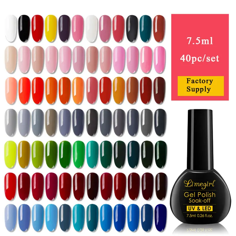 

Limegirl 40pcs UV Gel Nail Polish Lacquer Set Semi Permanent Gel Varnish Set Soak Off Glass Bottle Nail Extension Acrylic Design