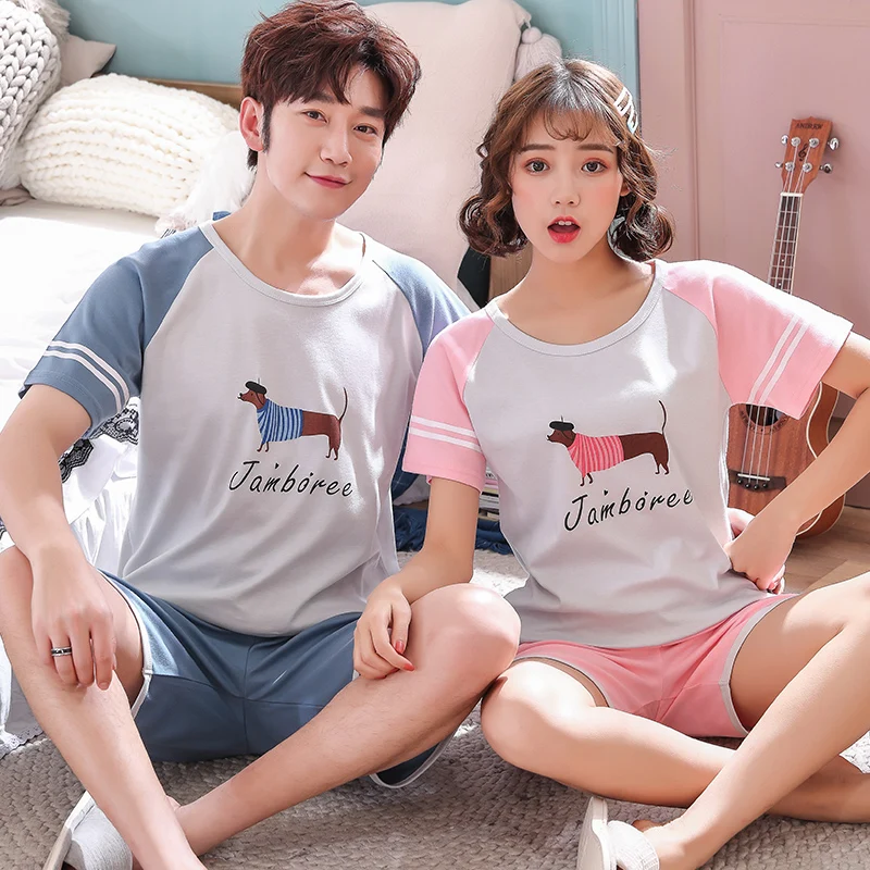 

Pajamas Sets Women Animal Dog Cotton Carton Fashion Men Short Sleeve Sleepwear Suit 2 piece Sexy Summer Home Couple Lounge Gift