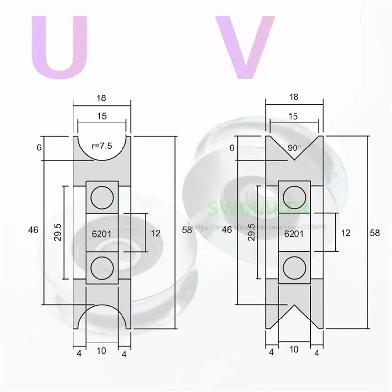 1 шт. 12*58*18 мм U groove/V канавное колесо, 45# стальное колесо, провод веревка поперечный ролик, 6201 подшипник направляющее колесо с зажимом пружина