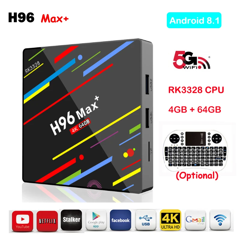 

H96 MAX Plus Rockchip RK3328 Android 8.1 TV Box 4GB RAM 64GB ROM 2.4G/5Ghz Wifi H.265 4k Smart Media player+i8 wireless keyboard