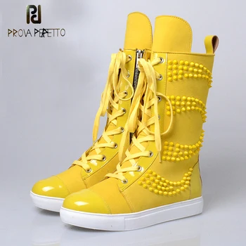 

Prova Perfetto Mid-Calf Boots Vinatge Riding Boots Lace Up Flat Shoes Woman Platform Botas Candy Colors Rivets Short Boots