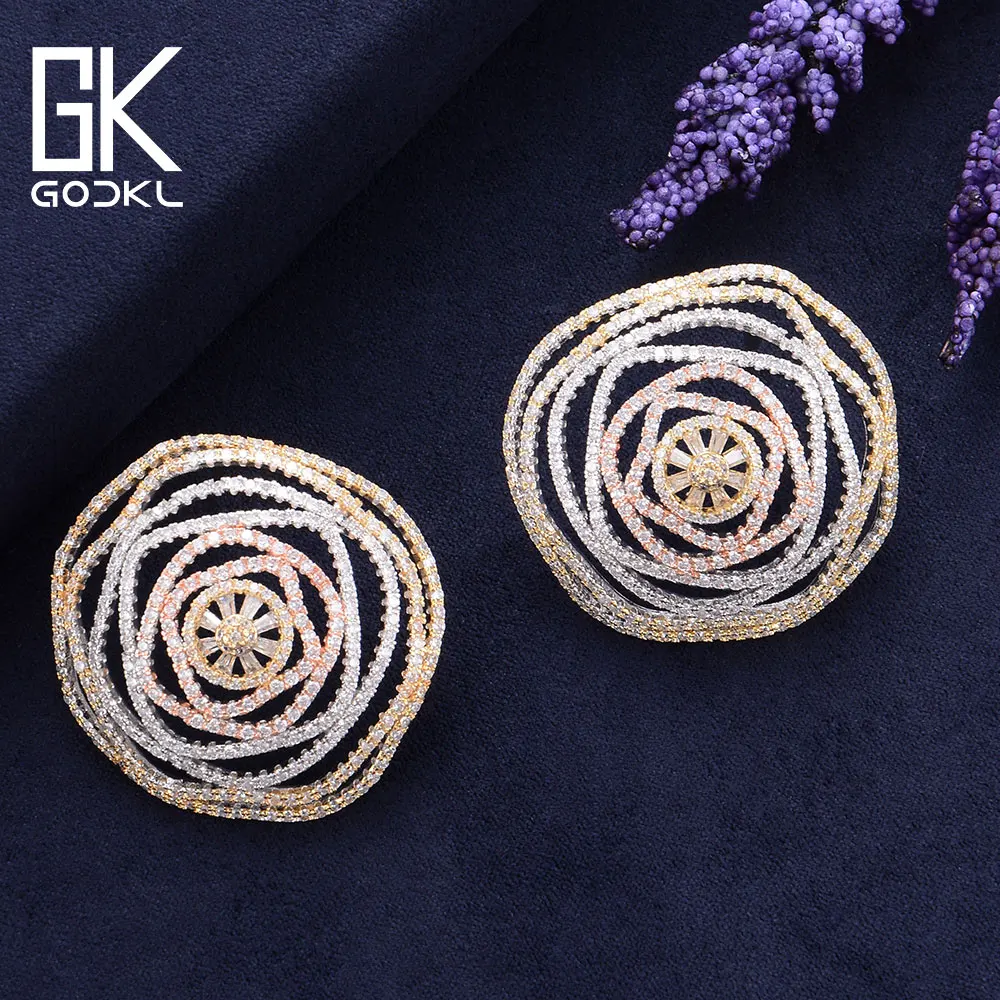 Godki роскошный геометрический кубический цирконий нигерийские большие серьги гвоздики для женщин Свадебный Африканский Свадебный Серьги букле d'oreille femme