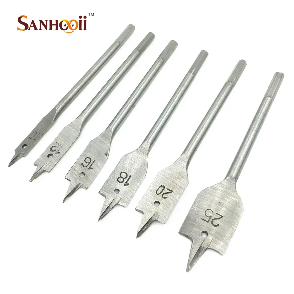 SANHOOII 6pcs Hex Shank Wood Flat Drill Bits Sets Woodworking Spade