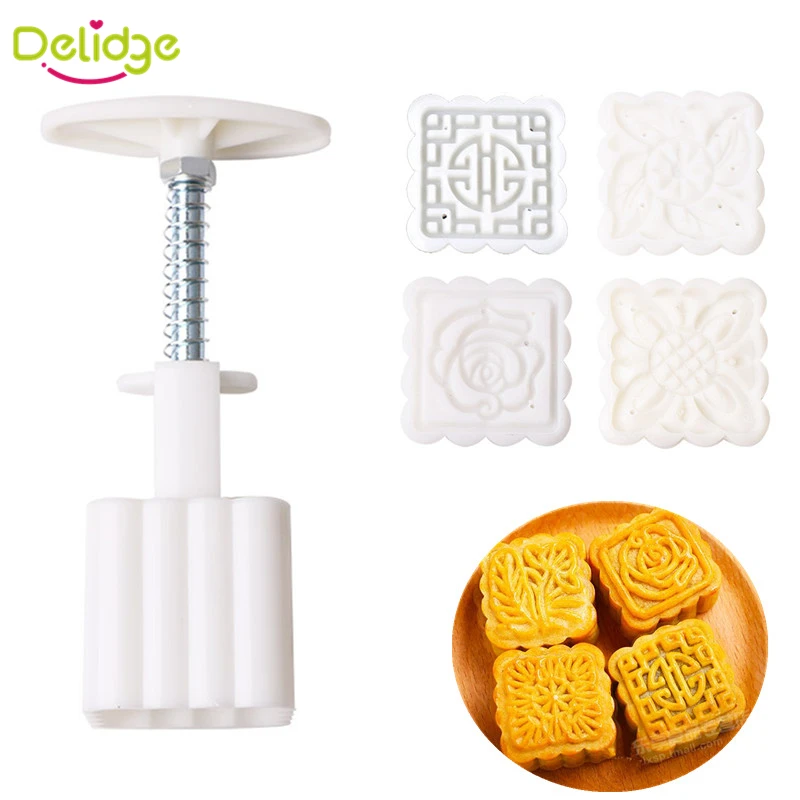 

Delidge 5 pcs/set Mid-Autumn Festival Square Moon Cake Molds Food-Grade Plastic 4 Pattern Moon Press DIY Chinese Characteristics