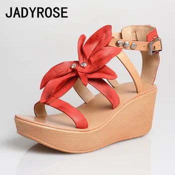 

Women Red Leather Flower Sandals Platform Ladies Casual Wedge Sandalias Mujer Ankle Strap Buckle Beach Summer Shoes Woman Zapato