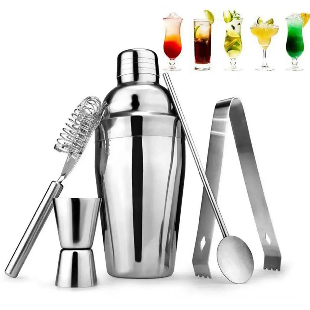 

550ML Cocktail Shaker Set 5pcs Cocktail Snow 1kg Kettle Pot Bartending Silver Tool Kit