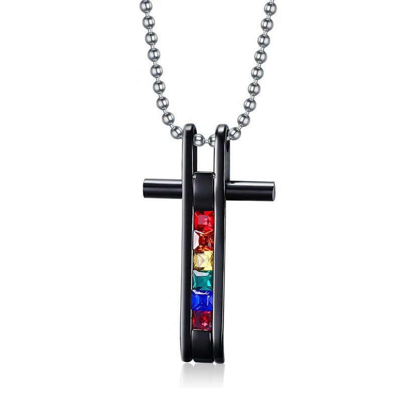 Fashion Black Cross Rainbow Necklace Pendants Stainless Steel LGBT