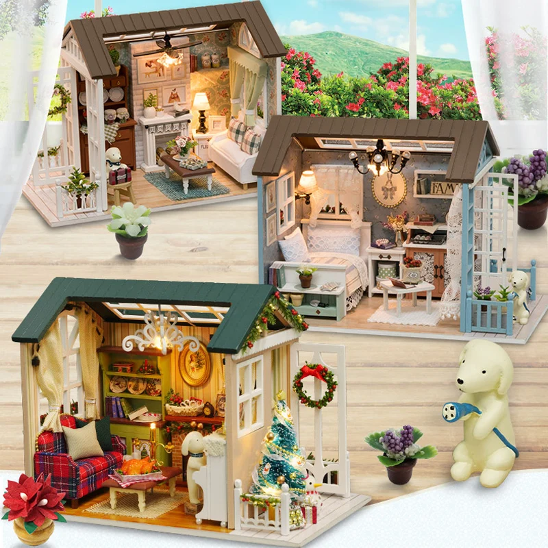Billige Puppe Häuser Casa Spielzeug Miniatur DIY Puppenhaus Mit Möbel Amerikanischen Retro Stil 3D Holz Haus Spielzeug Urlaub Mal Z009 # E