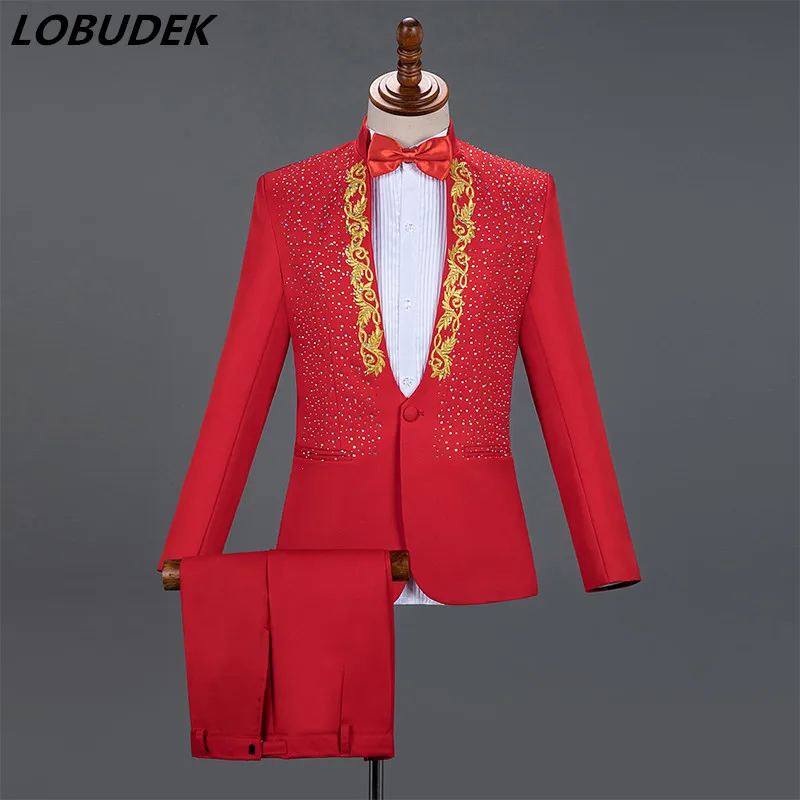 Red Sparkly Crystals Embroidery Blazers Suit Wedding Groom White Suits Stage Chorus Men Dresses Singer Host 2-Piece Set Costume