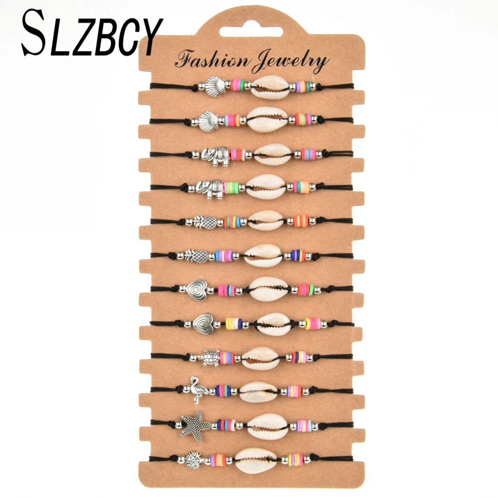

12 pcs/lot Shell Heart Elephant Charm Bracelets Set For Women Girl Braided Rope Adjustable Friendship Bracelet Boho Jewelry Gift