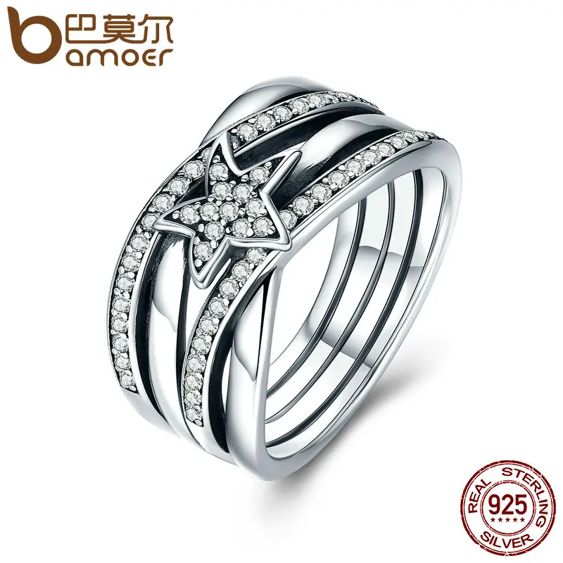 BAMOER Spring Collection 925 Sterling Silver Star Twisted Statement Ring For Women Engagement S925 Silver Jewelry SCR050