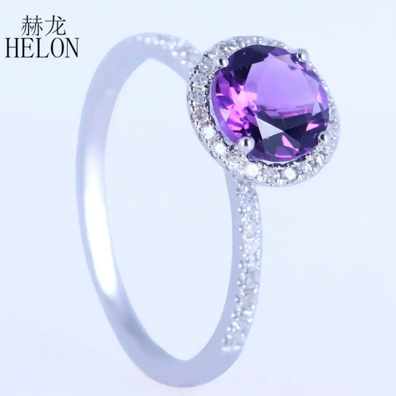 HELON Solid 14K белое золото безупречный круглый 1.4ct настоящий натуральный аметист и бриллианты обручальное Обручальное модное Ювелирное кольцо