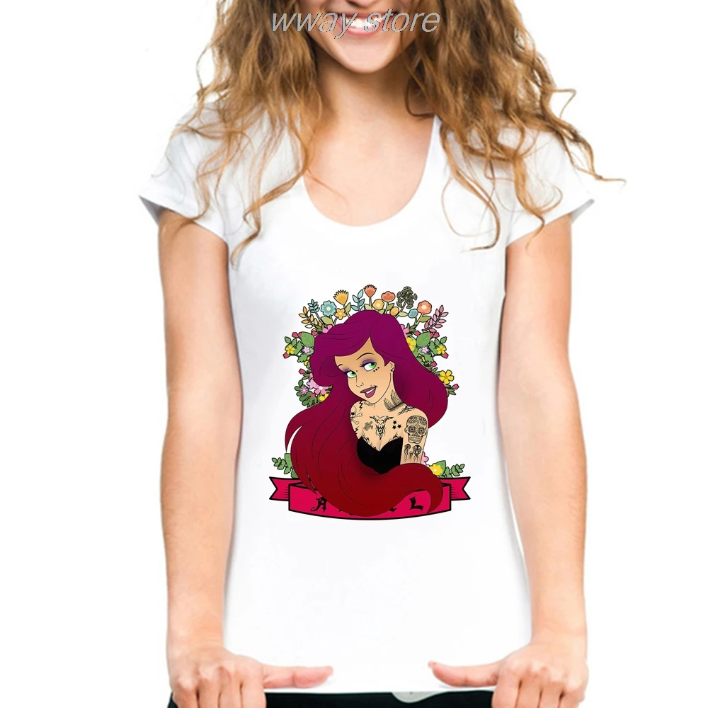 Женская футболка с принтом Русалочки, забавная футболка с надписью «Bad Girl Ariel», летняя повседневная футболка с коротким рукавом и рисунком из мультфильма для девочек, модная футболка в стиле панк с татуировкой