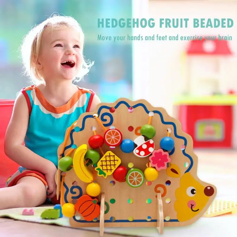 Wooden Fruits Lacing Stringing Beads Toys Hedgehog Fruit String Beads Board Early Learning Education Toys for Kids Gifts