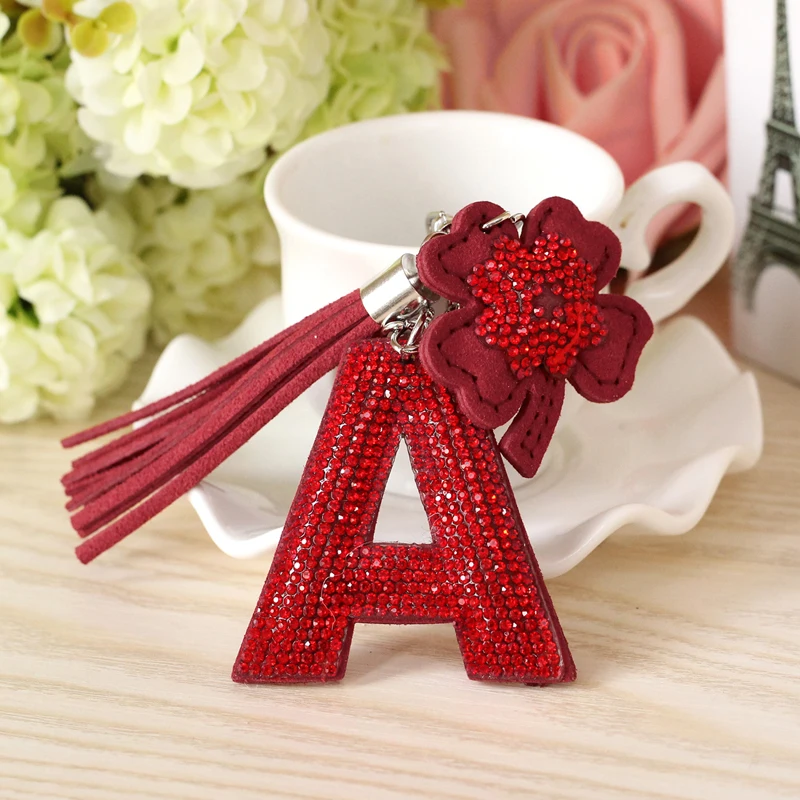 

ZOSHI Letter A Keychain leather Tassel Keyring Trinket Silver Ring With Rhinestone Letter porte clef for Women Bag Pendant Gift