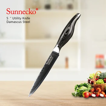 

SUNNECKO 5" inch Utility Knife Kitchen Knives Japanese Damascus Steel Sharp 60HRC Pakka Wood Handle Chef Fruit Cutting Tools