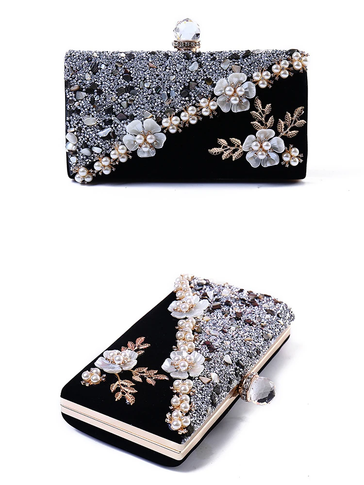 Luxy Moon Black Floral Beads Clutch Bag Front and Side View